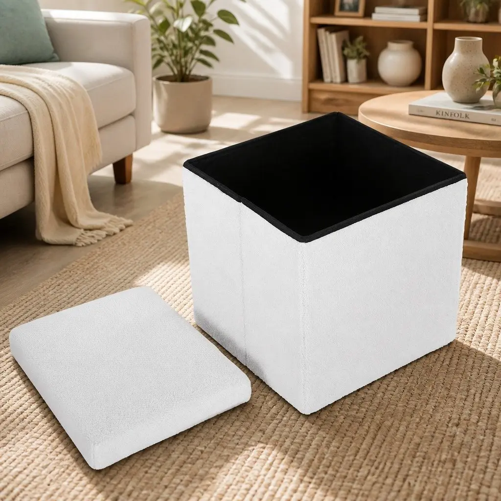 Ottoman Storage Foot Stool White Square Boucle Fabric Soft Surface Hidden Compartment