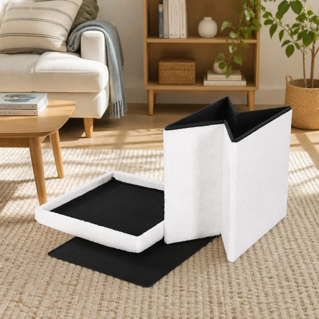 Ottoman Storage Foot Stool White Square Boucle Fabric Soft Surface Hidden Compartment