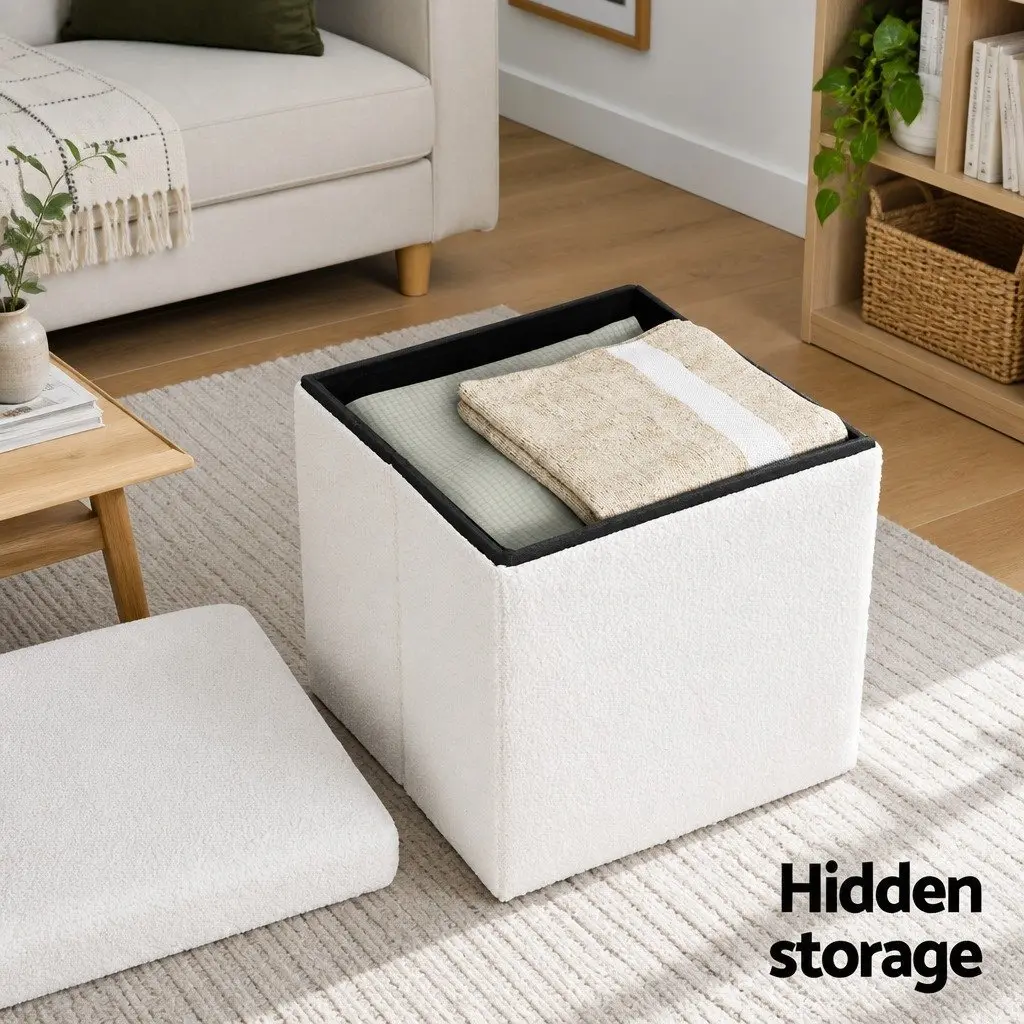 Ottoman Storage Foot Stool White Square Boucle Fabric Soft Surface Hidden Compartment