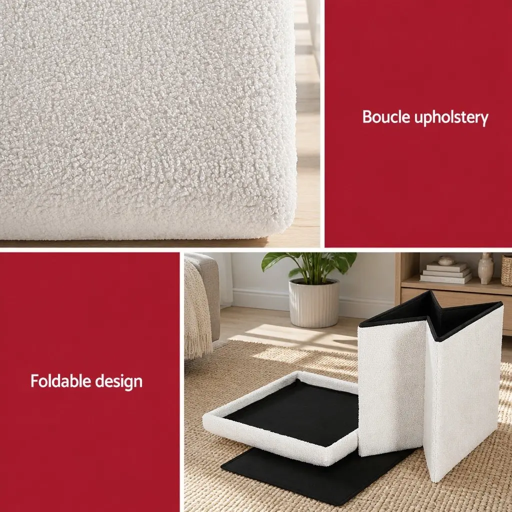 Ottoman Storage Foot Stool White Square Boucle Fabric Soft Surface Hidden Compartment