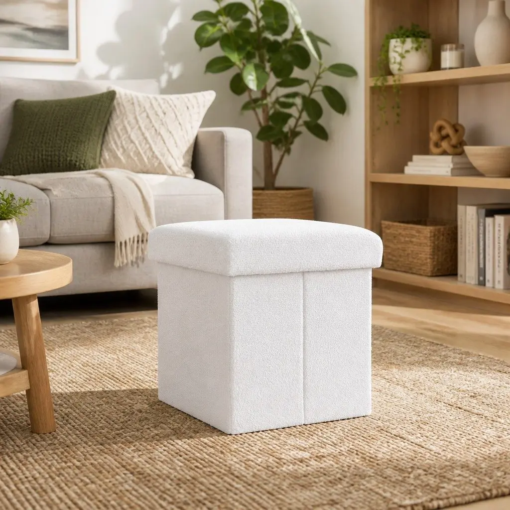 Ottoman Storage Foot Stool White Square Boucle Fabric Soft Surface Hidden Compartment
