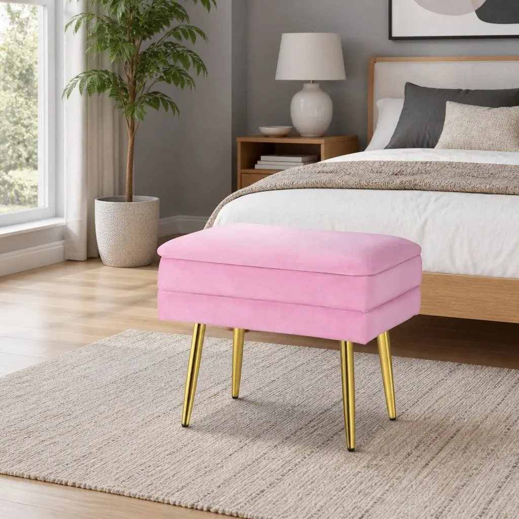 Ottoman Storage Foot Stool Pink Velvet Upholstered Seat Detachable Lid