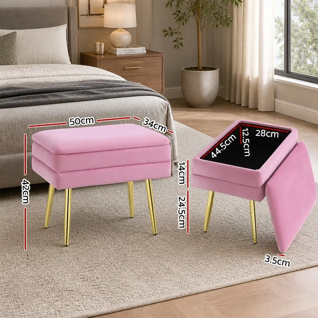 Ottoman Storage Foot Stool Pink Velvet Upholstered Seat Detachable Lid