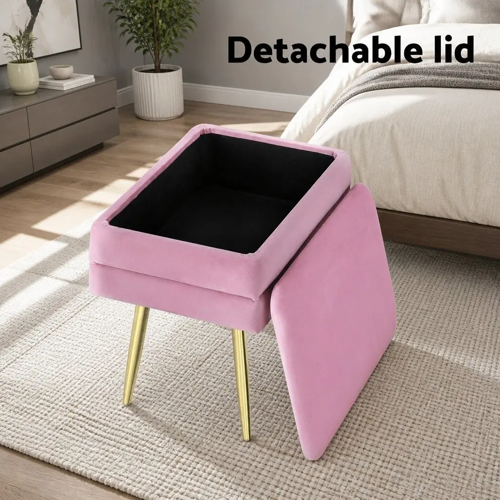 Ottoman Storage Foot Stool Pink Velvet Upholstered Seat Detachable Lid