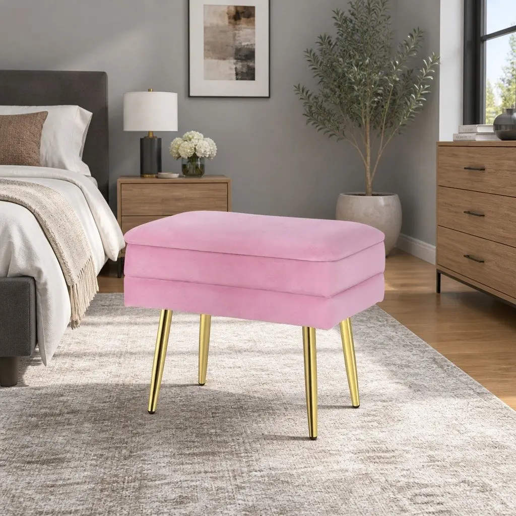Ottoman Storage Foot Stool Pink Velvet Upholstered Seat Detachable Lid