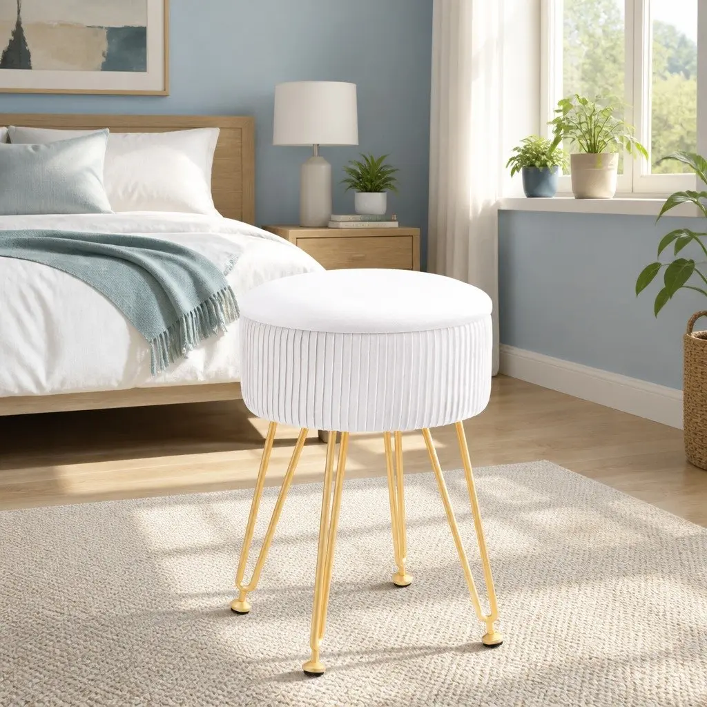 Round Ottoman White Velvet Padded Seat Storage Footstool Coffee Table