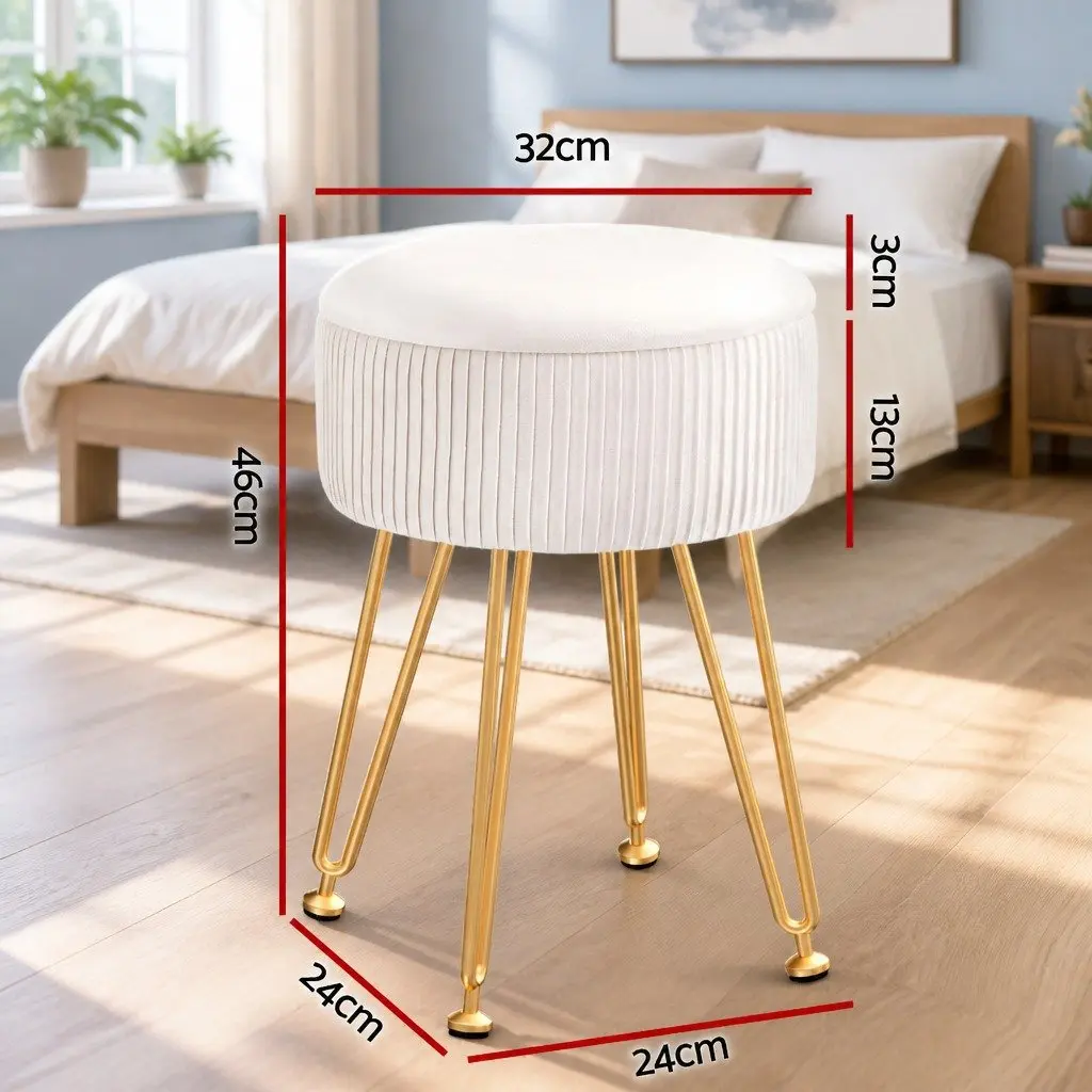 Round Ottoman White Velvet Padded Seat Storage Footstool Coffee Table
