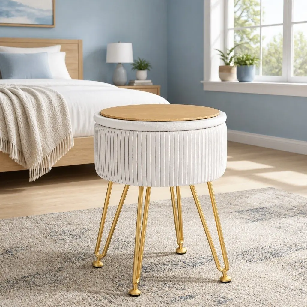 Round Ottoman White Velvet Padded Seat Storage Footstool Coffee Table
