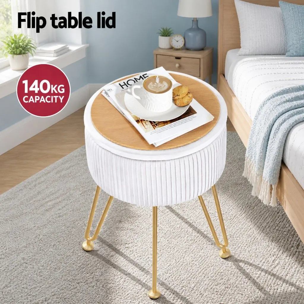 Round Ottoman White Velvet Padded Seat Storage Footstool Coffee Table