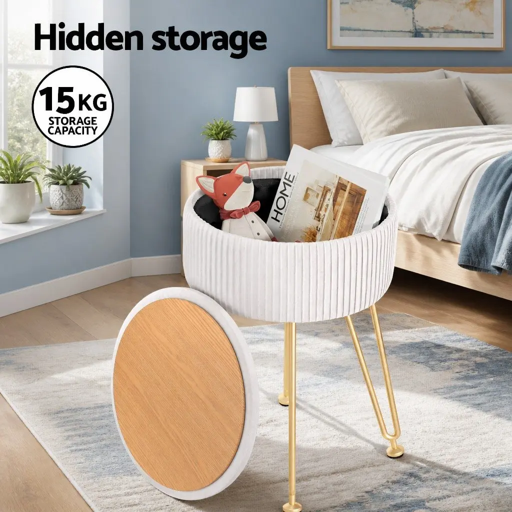 Round Ottoman White Velvet Padded Seat Storage Footstool Coffee Table