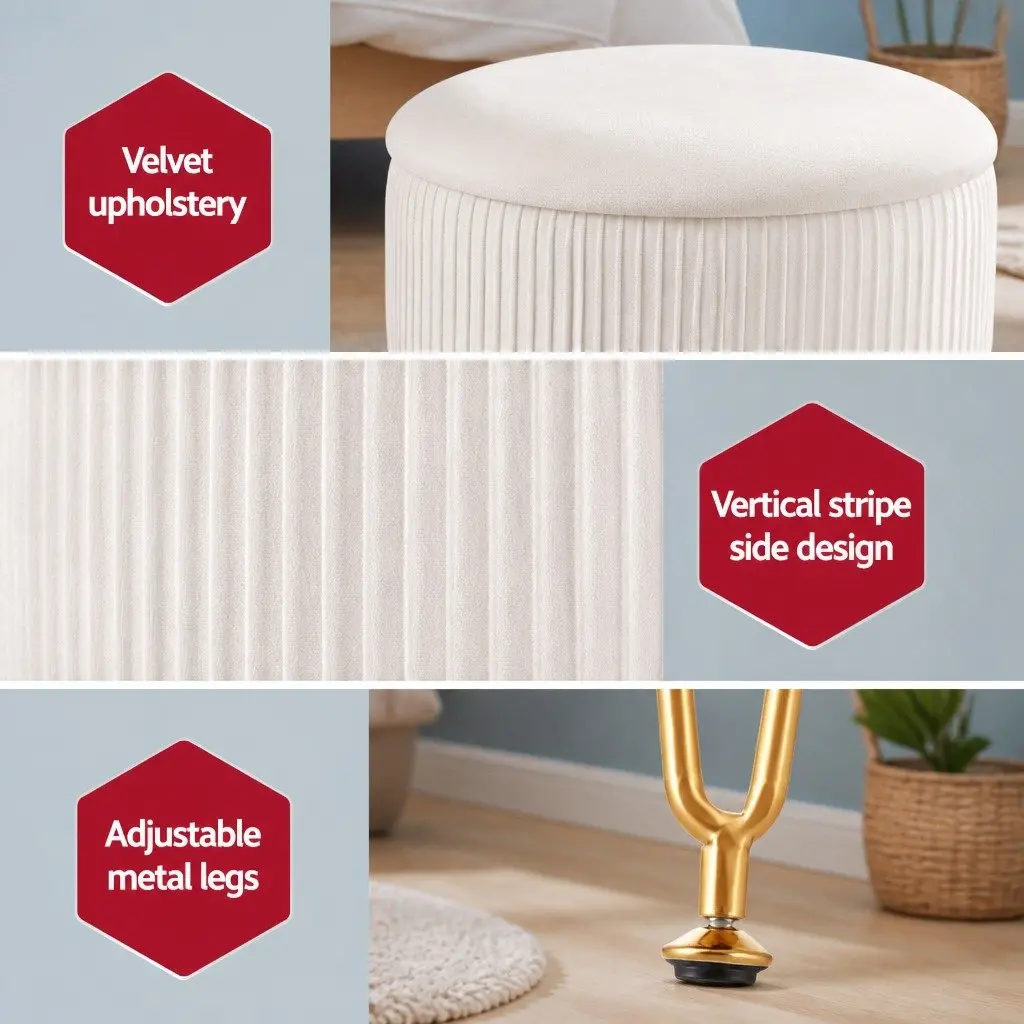 Round Ottoman White Velvet Padded Seat Storage Footstool Coffee Table