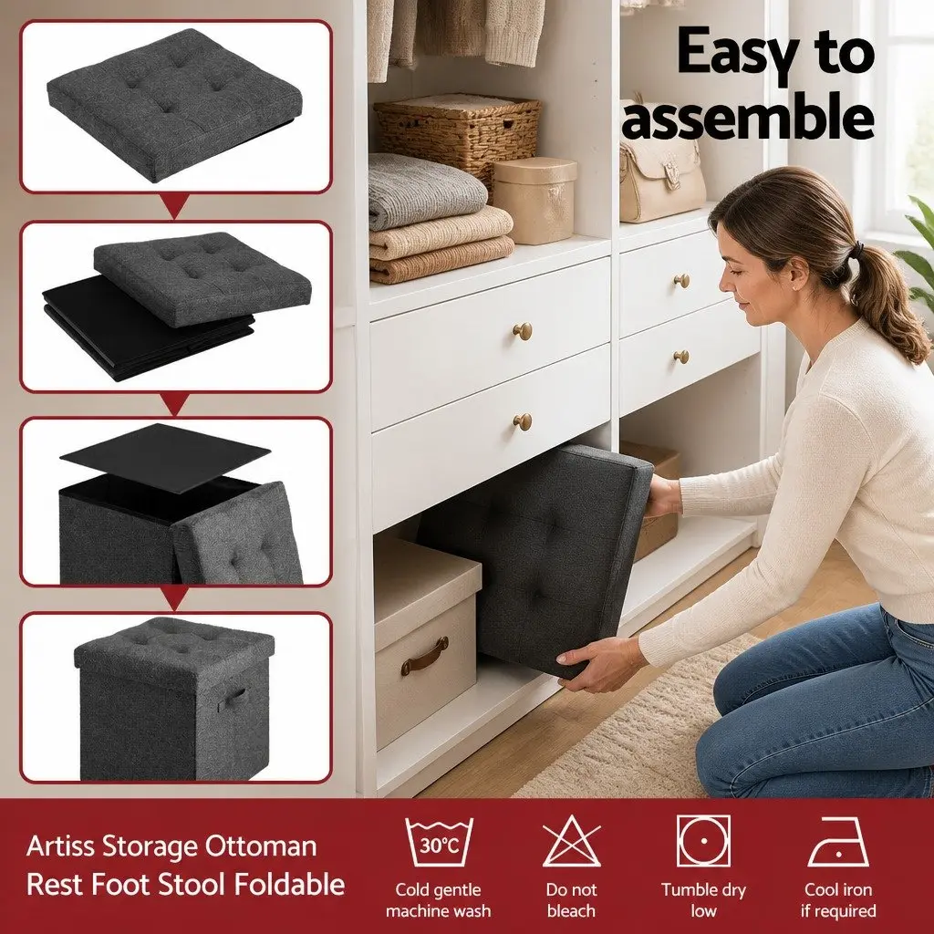 Storage Ottoman Footstool Foldable Grey Rest Seat Living Room Bedroom Furniture