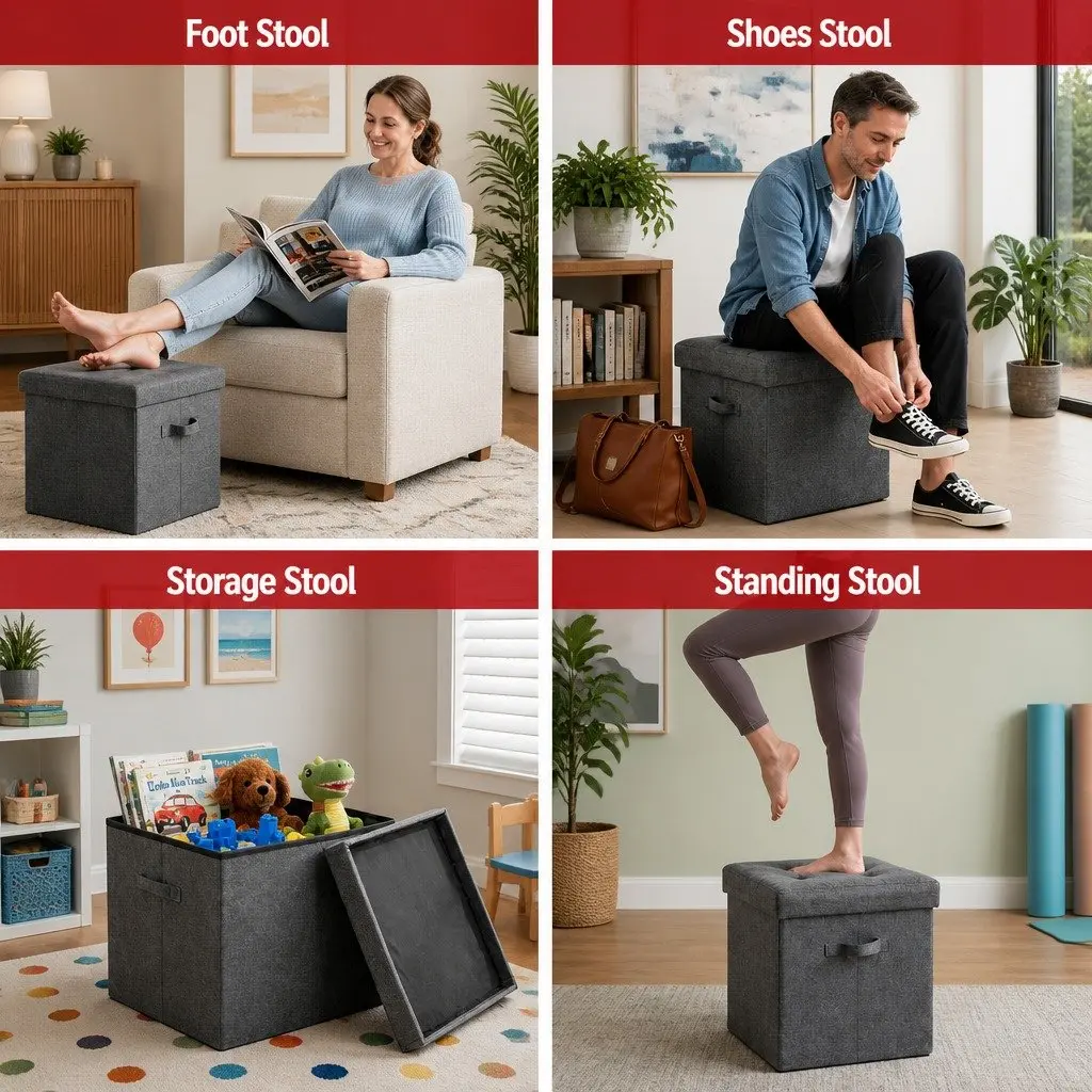 Storage Ottoman Footstool Foldable Grey Rest Seat Living Room Bedroom Furniture