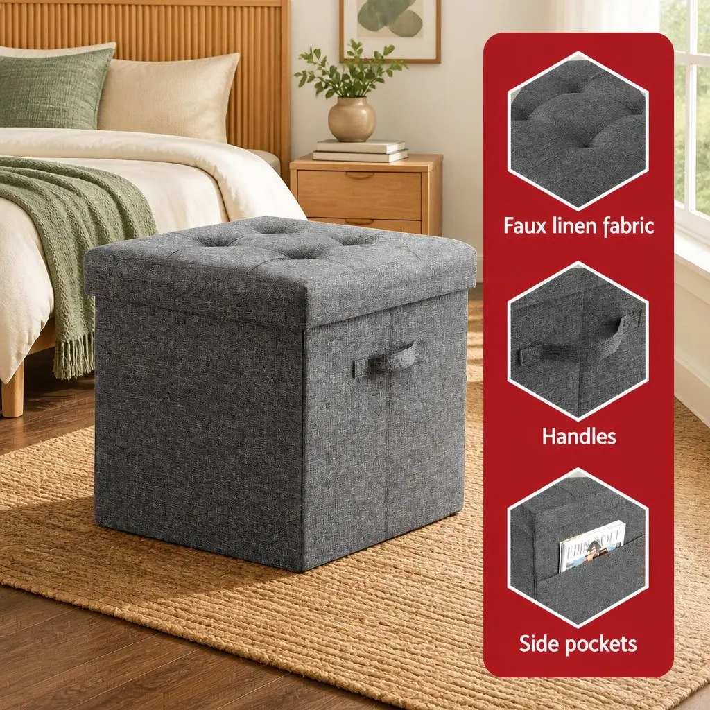 Storage Ottoman Footstool Foldable Grey Rest Seat Living Room Bedroom Furniture