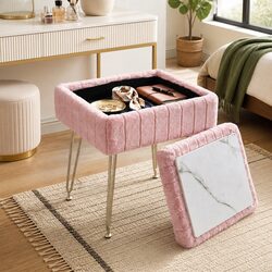 Storage Ottoman Footstool Pink Faux Fur Reversible Table Lid Hidden Storage