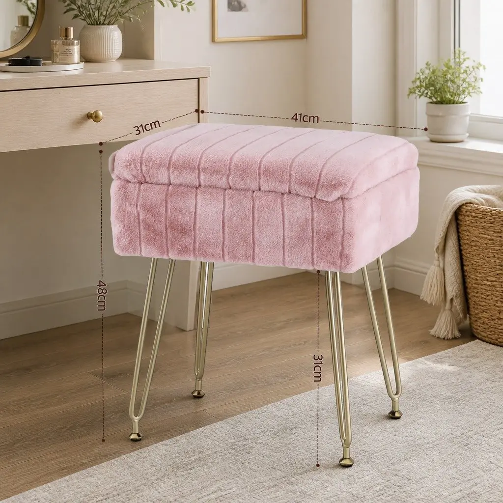 Storage Ottoman Footstool Pink Faux Fur Reversible Table Lid Hidden Storage