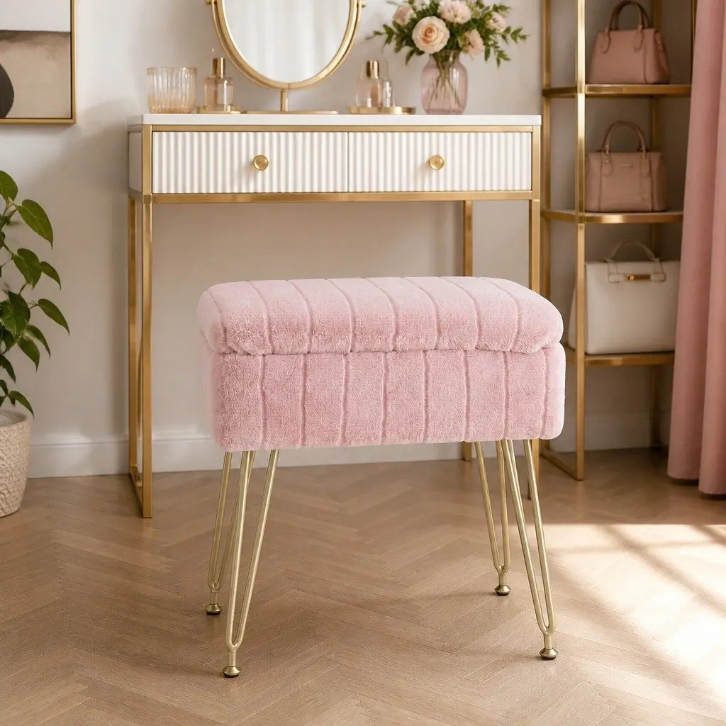 Storage Ottoman Footstool Pink Faux Fur Reversible Table Lid Hidden Storage