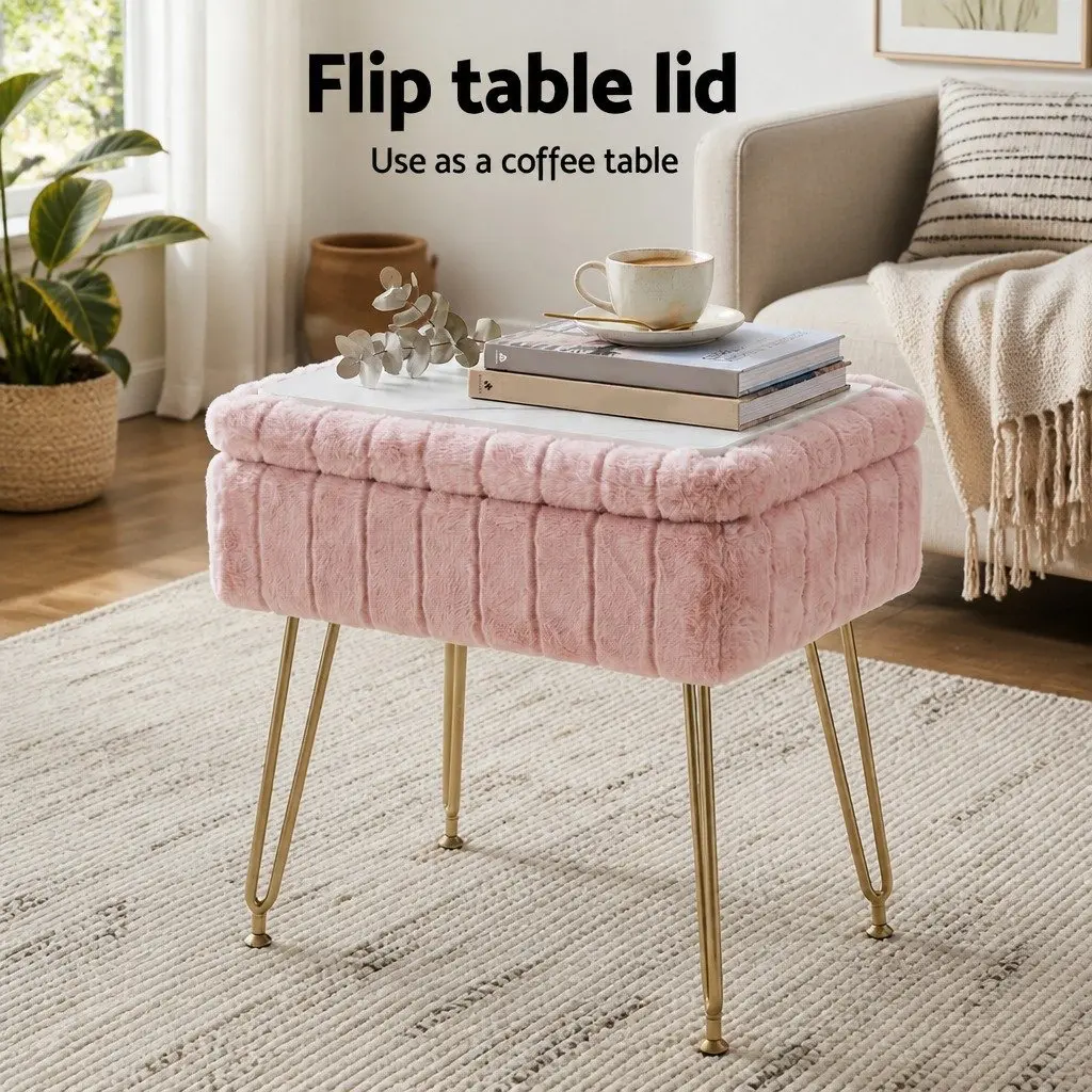 Storage Ottoman Footstool Pink Faux Fur Reversible Table Lid Hidden Storage