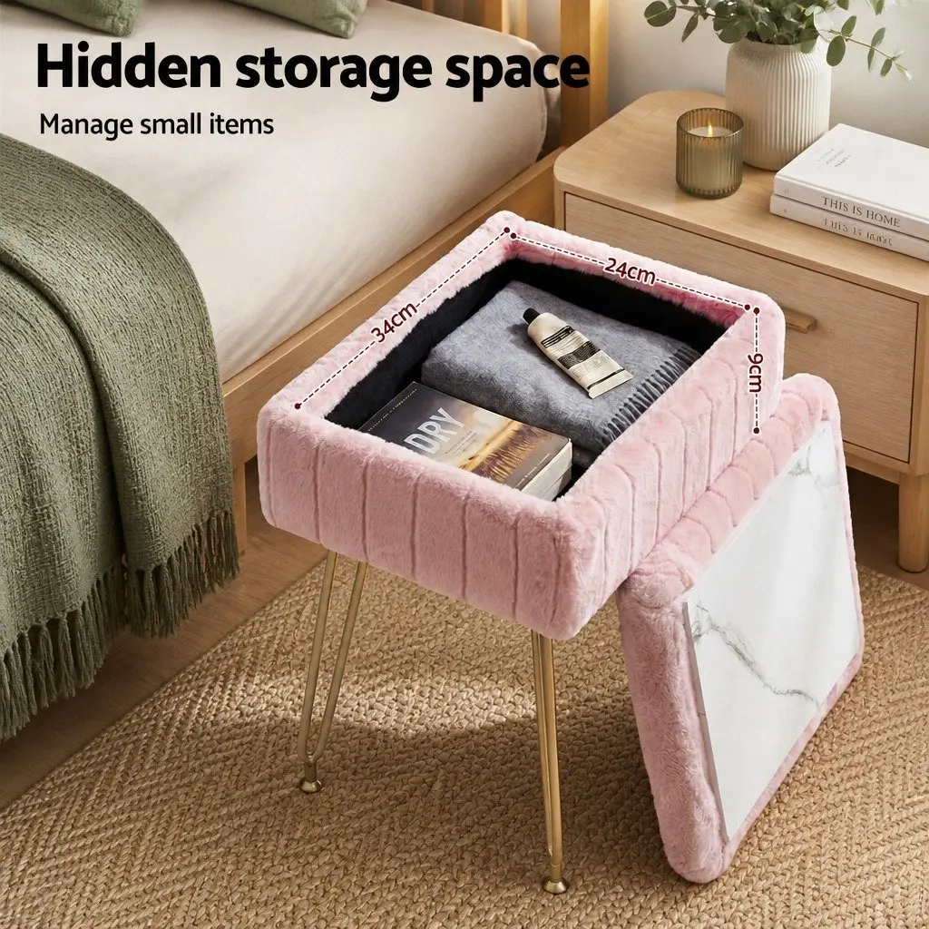 Storage Ottoman Footstool Pink Faux Fur Reversible Table Lid Hidden Storage