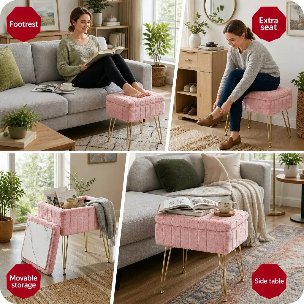 Storage Ottoman Footstool Pink Faux Fur Reversible Table Lid Hidden Storage