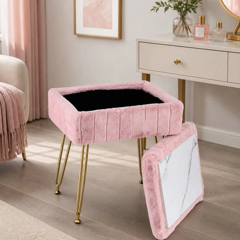 Storage Ottoman Footstool Pink Faux Fur Reversible Table Lid Hidden Storage