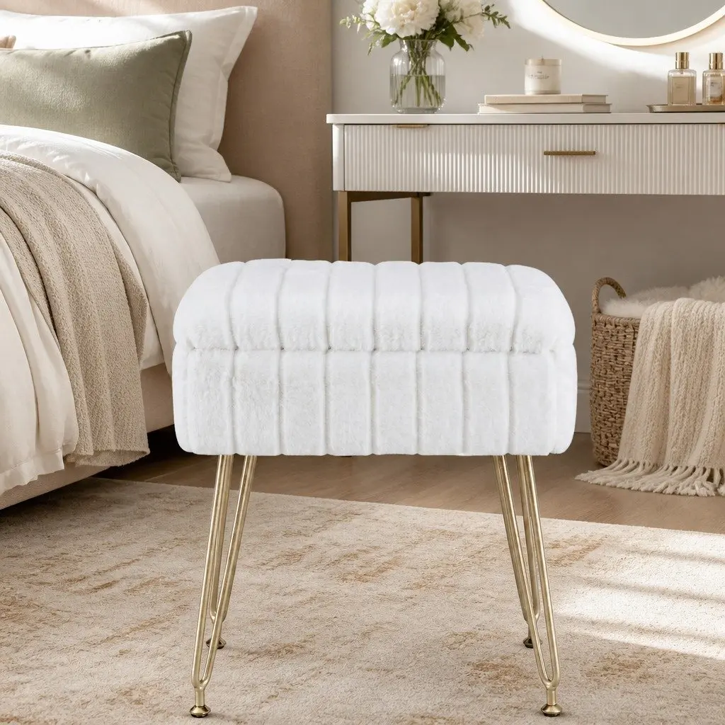 Storage Ottoman Footstool White Faux Fur Reversible Table Lid Bedroom Living