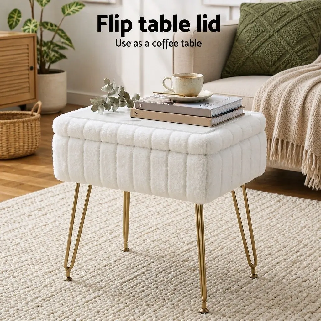 Storage Ottoman Footstool White Faux Fur Reversible Table Lid Bedroom Living