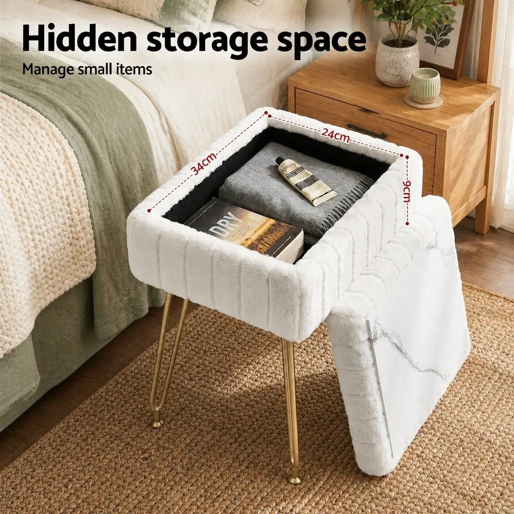 Storage Ottoman Footstool White Faux Fur Reversible Table Lid Bedroom Living