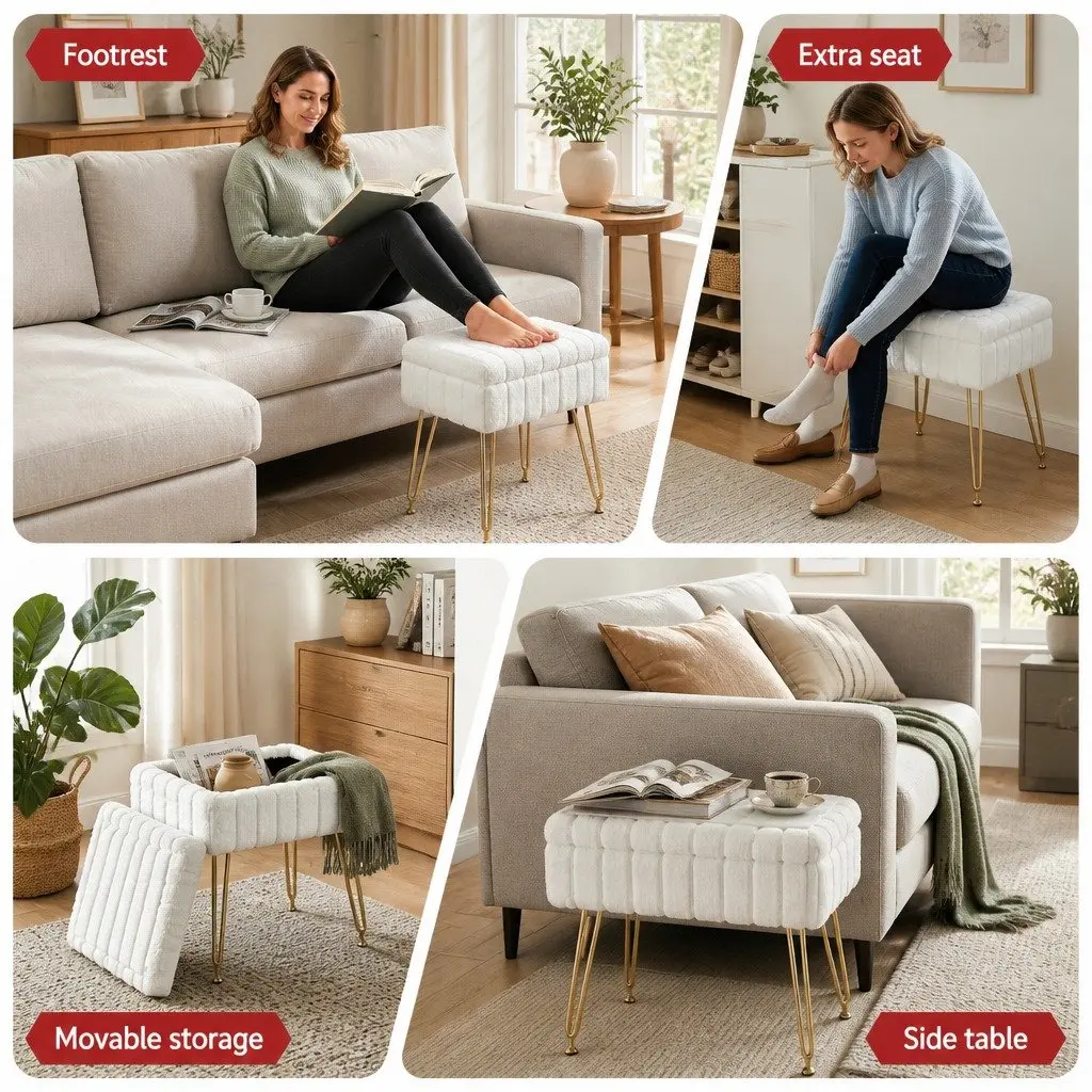 Storage Ottoman Footstool White Faux Fur Reversible Table Lid Bedroom Living
