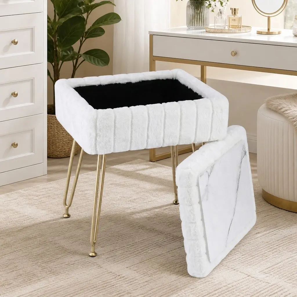 Storage Ottoman Footstool White Faux Fur Reversible Table Lid Bedroom Living