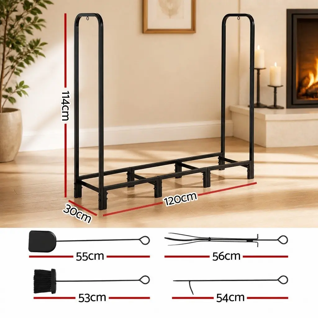 Firewood Rack Black 120cm Heavy-Duty Log Holder with Tools Included