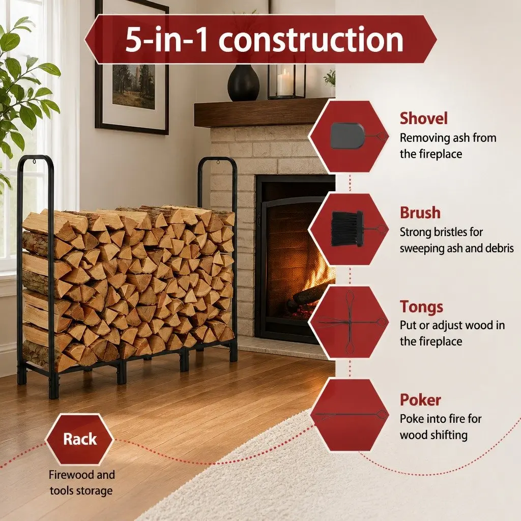 Firewood Rack Black 120cm Heavy-Duty Log Holder with Tools Included
