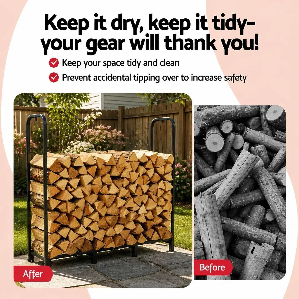 Firewood Rack Black 120cm Heavy-Duty Log Holder with Tools Included