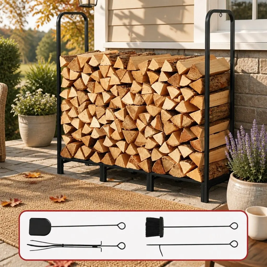 Firewood Rack Black 120cm Heavy-Duty Log Holder with Tools Included