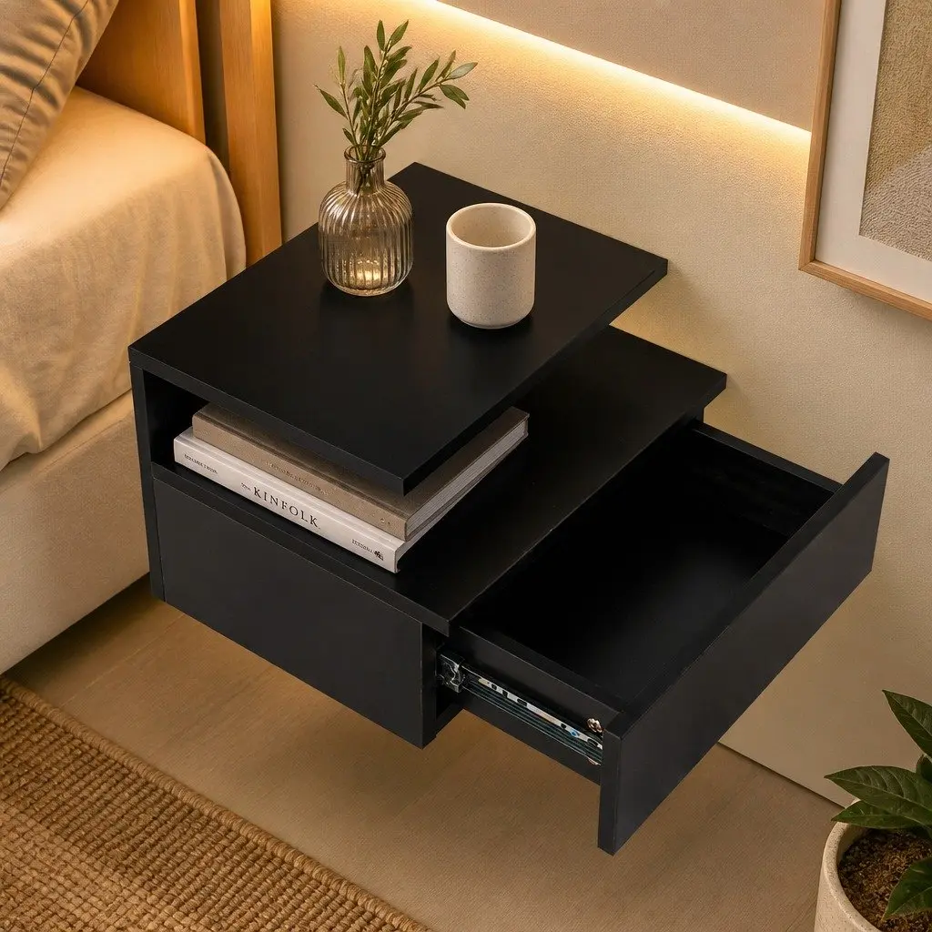 Bedside Table Wall Mounted LED Light Storage Black Side Table Bedroom Set of 2