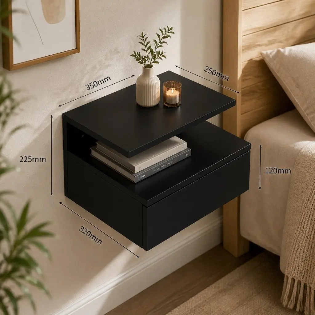 Bedside Table Wall Mounted LED Light Storage Black Side Table Bedroom Set of 2
