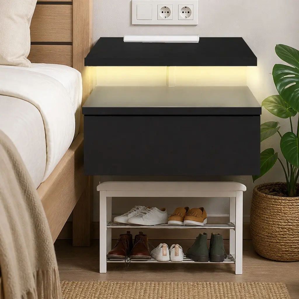 Bedside Table Wall Mounted LED Light Storage Black Side Table Bedroom Set of 2