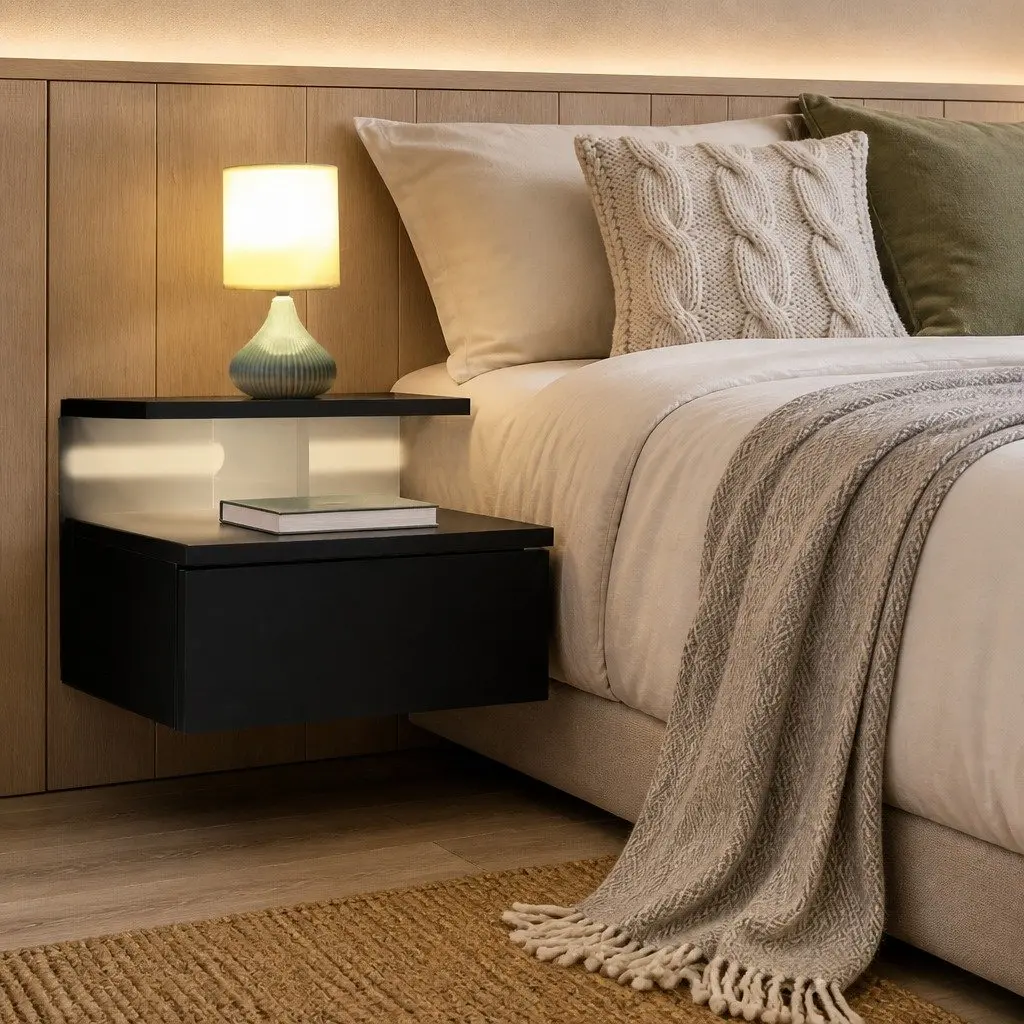 Bedside Table Wall Mounted LED Light Storage Black Side Table Bedroom Set of 2
