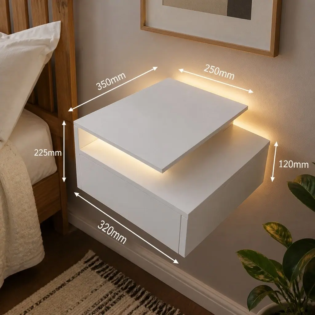 Wall Mounted Bedside Tables with LED Light Modern Side Table Storage White