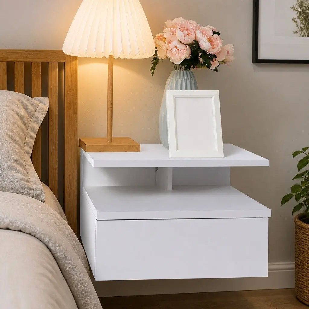 Wall Mounted Bedside Tables with LED Light Modern Side Table Storage White