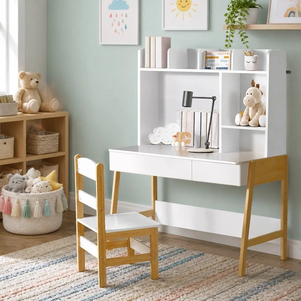 Kids Study Desk and Chair Set White and Natural Wood Storage Table Activity Furniture for Children