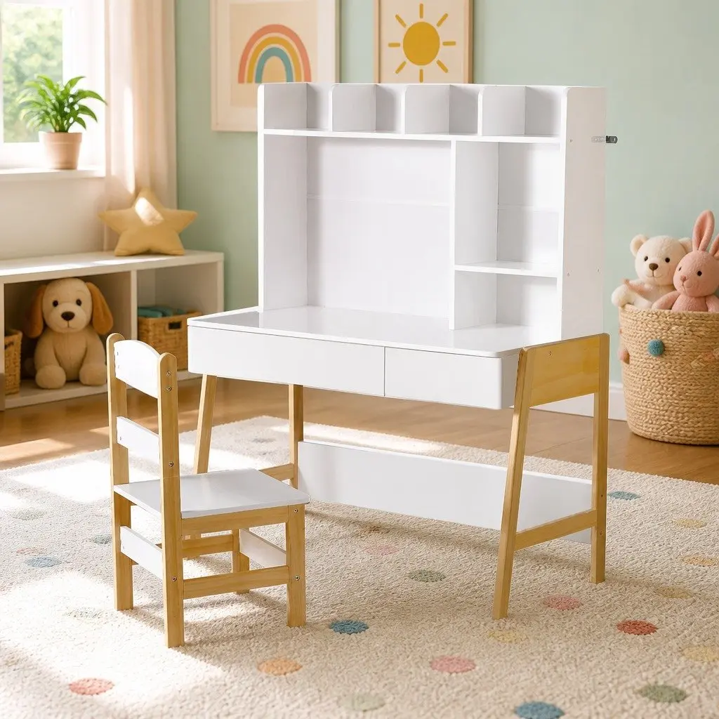 Kids Study Desk and Chair Set White and Natural Wood Storage Table Activity Furniture for Children