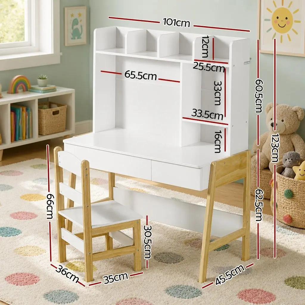 Kids Study Desk and Chair Set White and Natural Wood Storage Table Activity Furniture for Children