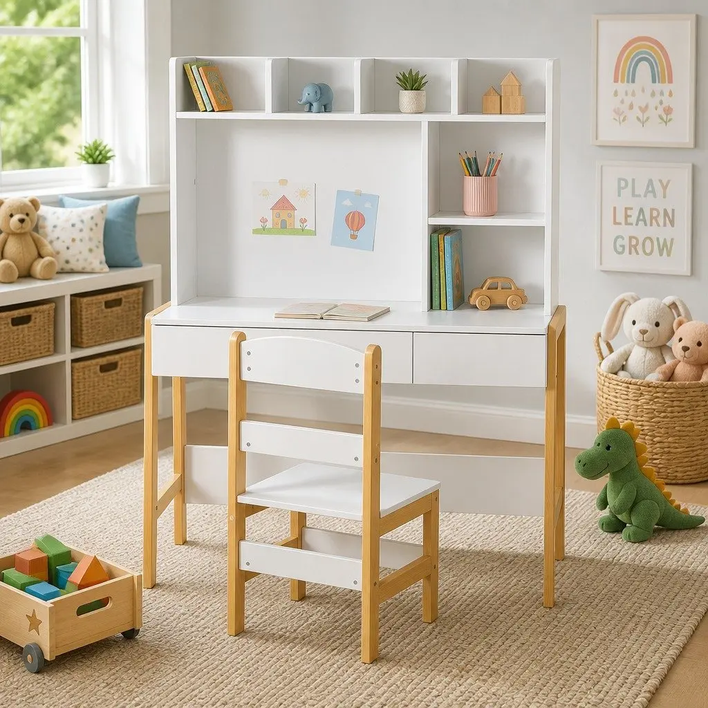 Kids Study Desk and Chair Set White and Natural Wood Storage Table Activity Furniture for Children
