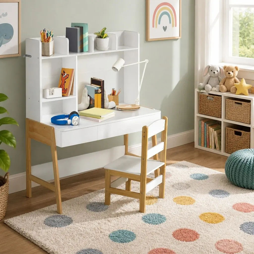 Kids Study Desk and Chair Set White and Natural Wood Storage Table Activity Furniture for Children