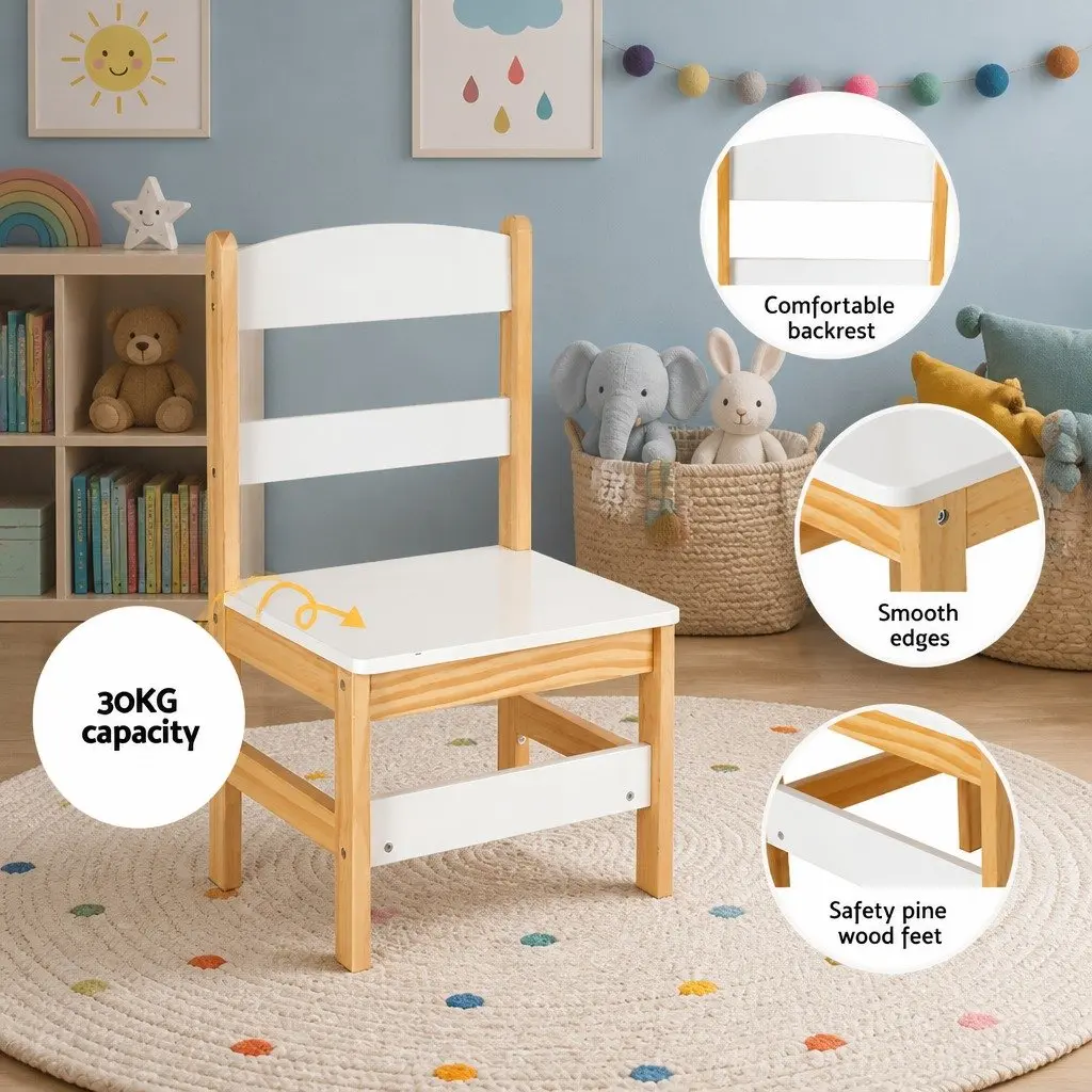 Kids Study Desk and Chair Set White and Natural Wood Storage Table Activity Furniture for Children