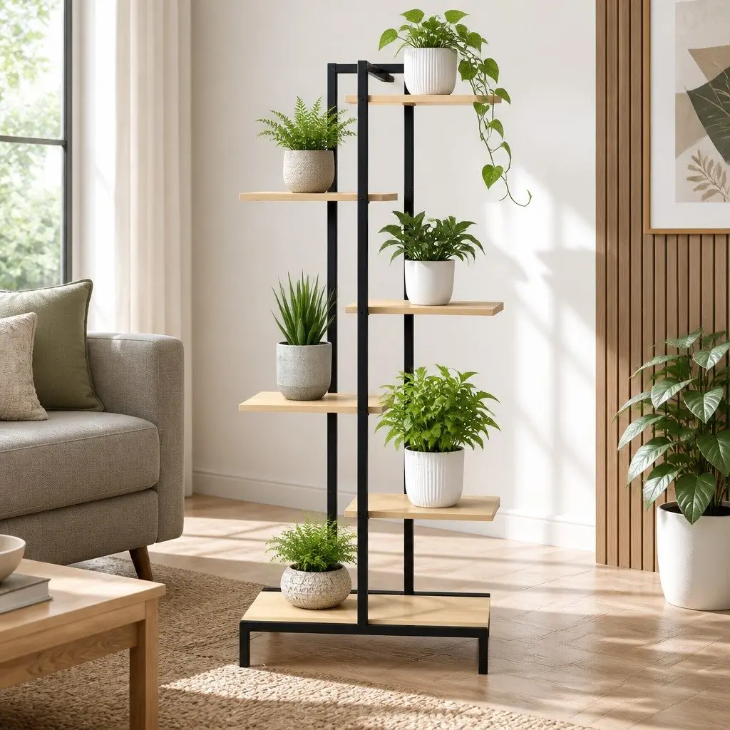 Plant Stand Natural 6 Tier Metal Zigzag Flower Pot Shelf Indoor Outdoor Display