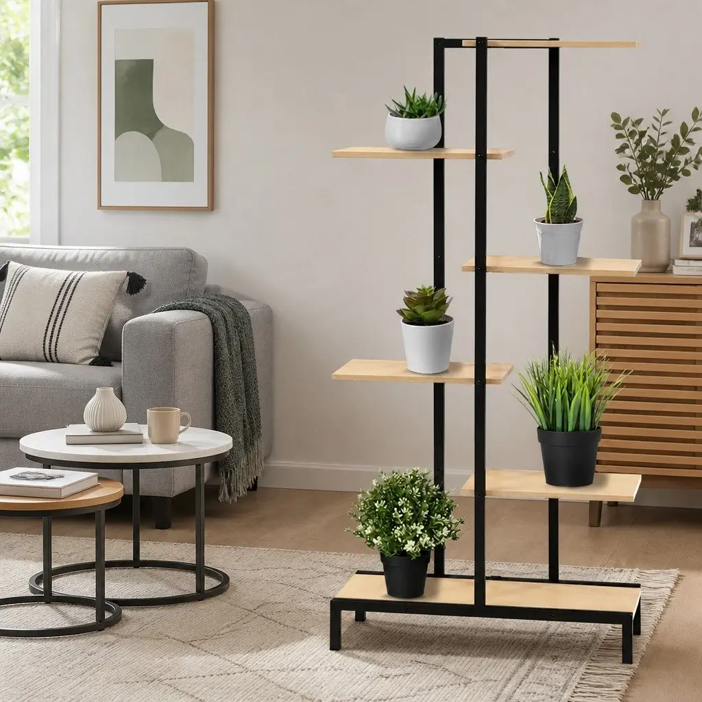 Plant Stand Natural 6 Tier Metal Zigzag Flower Pot Shelf Indoor Outdoor Display