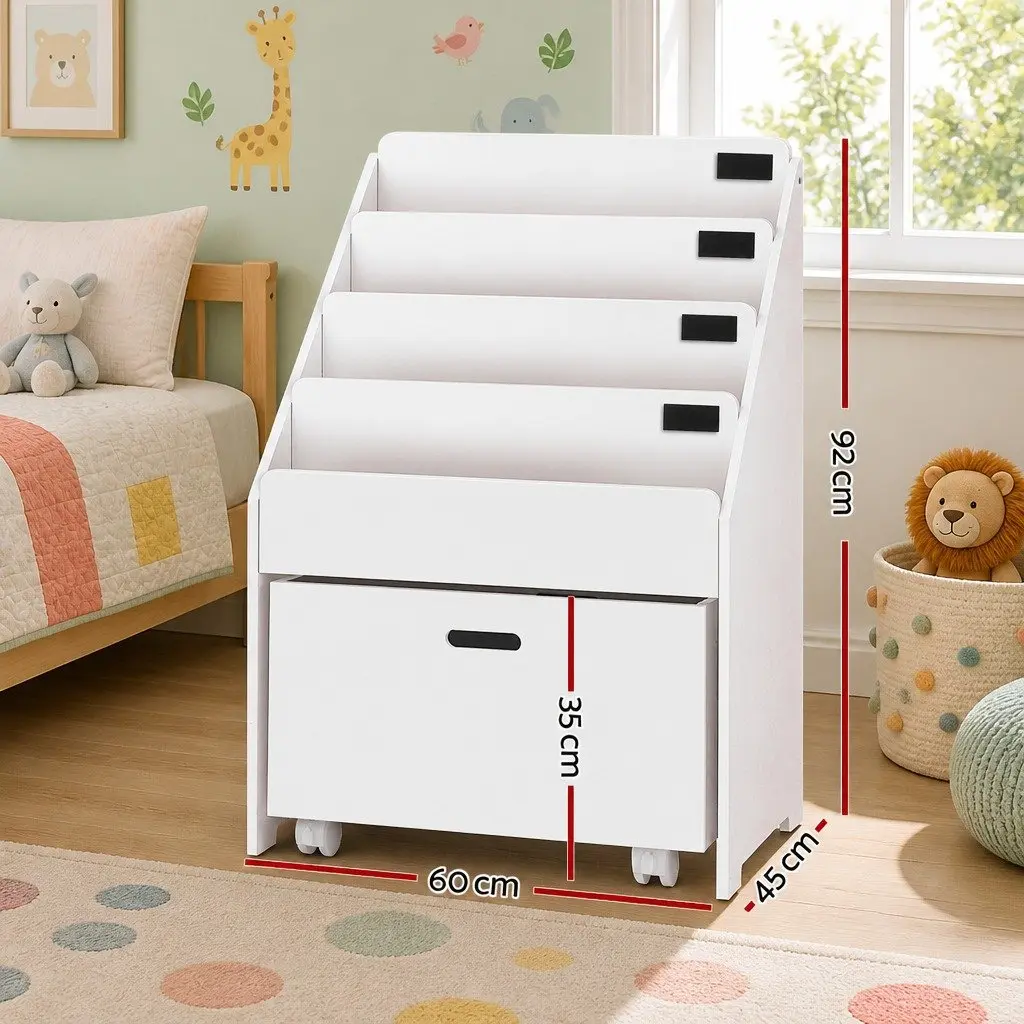 Kids Bookshelf 4 Tier Storage Organiser Children Bookcase with Drawers Display