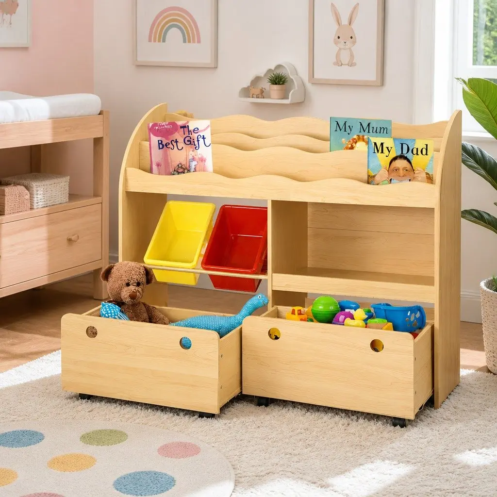 Kids Bookshelf Natural 3-Tier Storage Organiser with Removable Bins and Movable Drawers